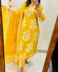 Yellow Bloom Cotton Sequence Suit Set