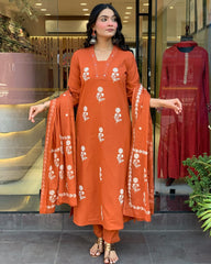 Cotton dupatta set, orange kurta pant with dupatta , suitkari