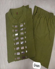 green kurta set, cotton kurta set, suitkari
